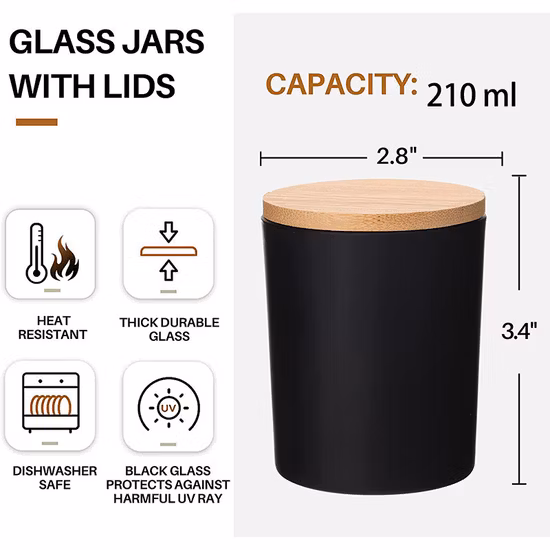 Стеклянные банки для свечей на 7 унций с герметичными бамбуковыми крышками, матовый черный, пустые банки для свечей, контейнеры для изготовления ароматических свечей